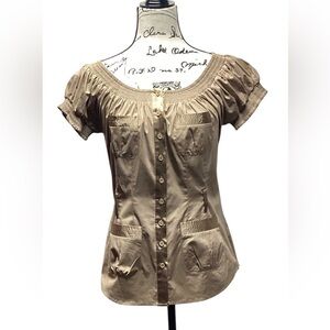 BCBGMAXAZRIA tan satin trim blouse with smocked collar and sleeves Sz Medium